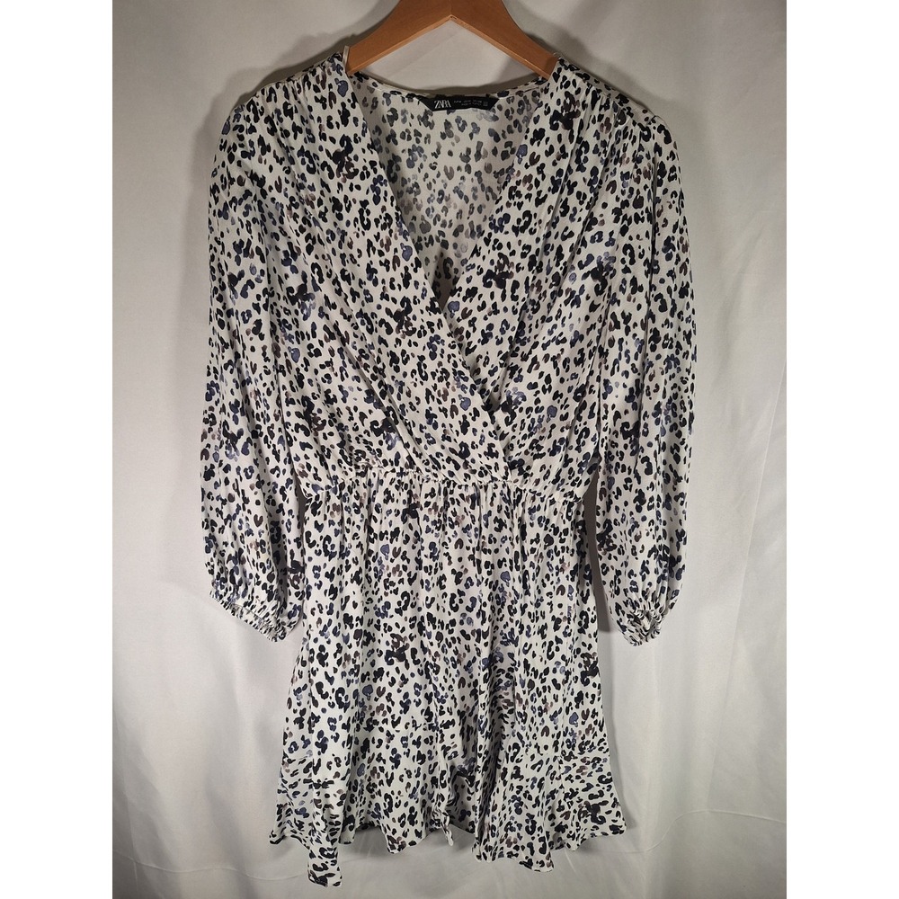 Zara‎ Womens Leopard Print Wrap Mini Dress White Black Grey V-Neck Long Sleeve M